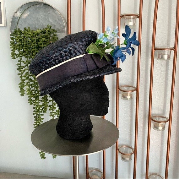 Vintage Blue Straw Hat Floral Accent Union Made - image 1