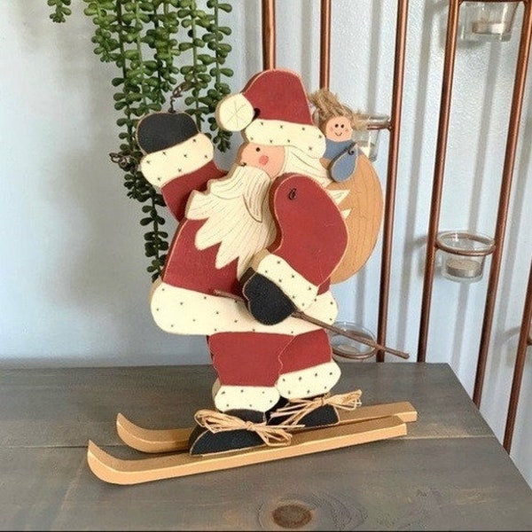 Vintage Christmas Wooden Santa Claus on Skiis Snow Shoes Decor