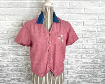 Vintage Cabin Creek Floral Embroidered Button Up Shirt Red Blue Sz Large Petite