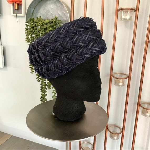 Vintage Blue Woven Hat Union Made Union Made Woven Blue Hat with Double Blue Ribbons off the  main image 4