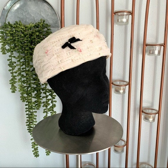 Vintage Off white Mesh Pillbox Hat Floral Pearls Etsy