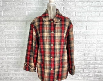 Vintage Izzi Activewear Wool Plaid Coat Box Pockets Size Large Red Black Cream