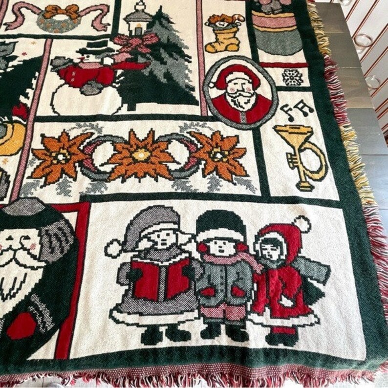 Vintage Christmas Woven Tapestry Throw Blanket Fringe Etsy