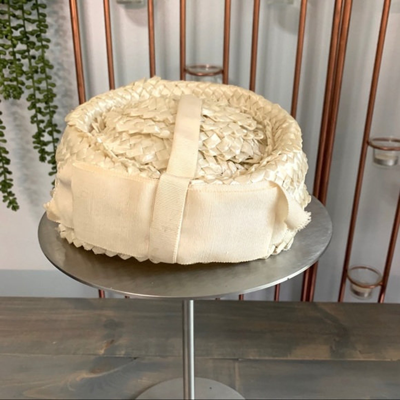 Vintage Cream Pillbox Hat With Ribbon Accent Etsy