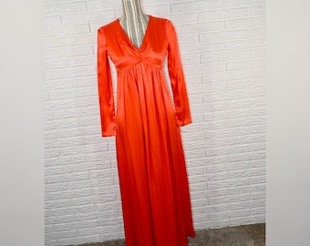 Vtg 60s/70s Orange Satin Maxi Disco Dress
