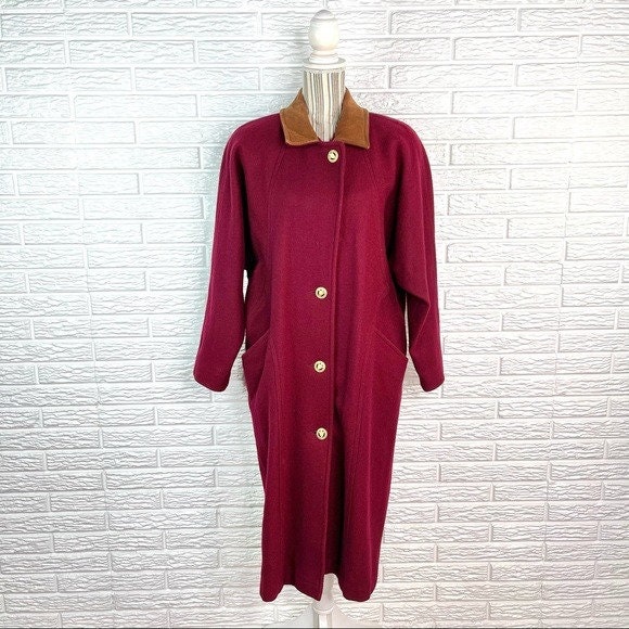 Vintage Jofeld Long Wool Coat Overcoat Burgundy Tan Suede - Etsy