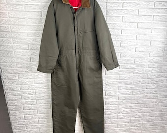 Vintage groene geïsoleerde werkoverall met corduroy kraag en rode gewatteerde voering, maat Large