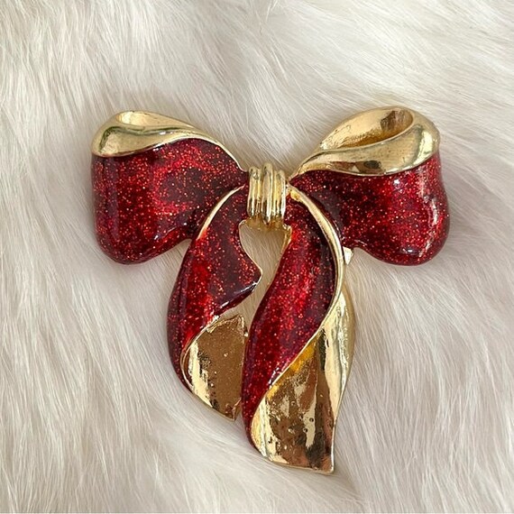 Vintage Large Christmas Bow Brooch Glittery Red G… - image 2