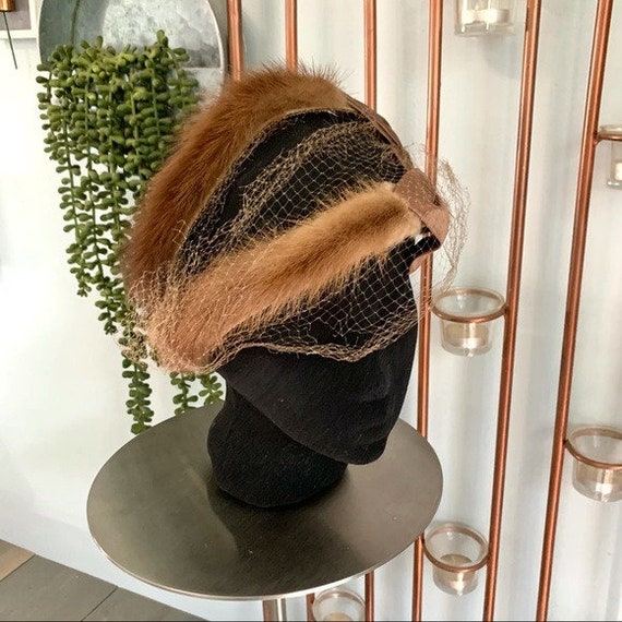 Vintage Casque Fascinator Hat Brown Mink Fur - image 1