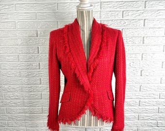Vtg Blushe by Spiegel Red Tweed Blazer Heavy Fringe Hem Metallic Accents Size 6