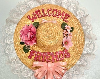 Panneau Mural Vintage En Paille Et Dentelle – Bienvenue, Motif Floral, à Suspendre