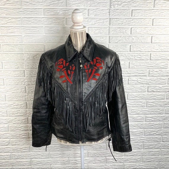 Vtg Barney's Leather Black Leather Jacket Red Rose