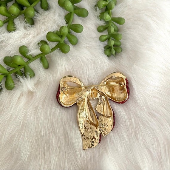 Vintage Large Christmas Bow Brooch Glittery Red G… - image 3