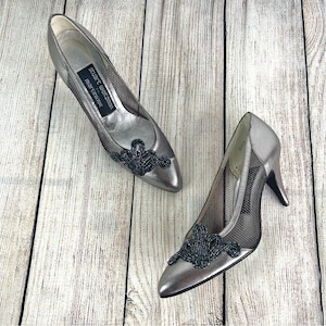 Vintage Stuart Weitzman for Martinique Silver Leather Beaded Heels Size 5.5B