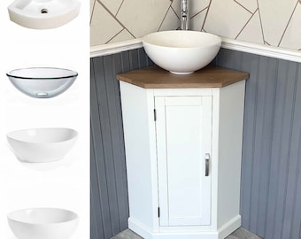 Bathroom Painted Vanity Unit | Corner Painted Sink Cabinet with Oak top | Ceramic Wash Basin Tap & Plug