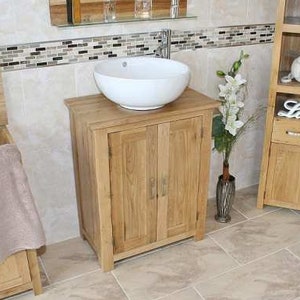 Solid Oak Bathroom Vanity Unit | Slim Line Compact Sink Cabinet | Ceramic Wash Basin Tap & Plug
