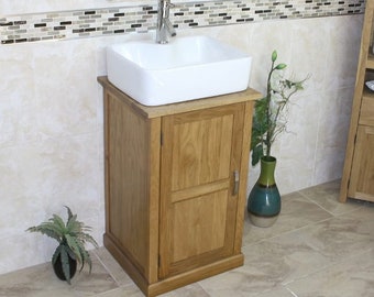 Oak Bathroom Vanity Cabinet | Solid Oak Sink Unit | Modern Cabinet Wash Stand | Ceramic Basin, Tap & Plug