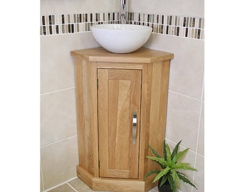 Bathroom Oak Vanity Unit | Corner Oak Sink Cabinet | Ceramic Wash Basin Tap & Plug