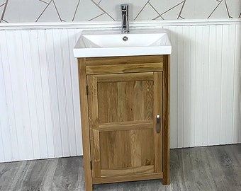 Slimline Bathroom Cabinet Vanity Unit | Solid Oak Furniture | Inset Sink Tap Set