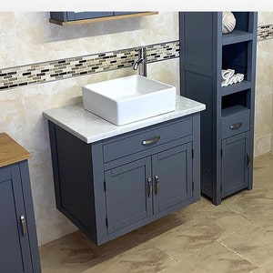 Bathroom Wall Hung Grey Painted Vanity Unit | With White Marble Top & Ceramic Basin Choice 502GWWMCBC