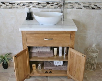 Bathroom Vanity Unit | Solid Oak | With White Marble Top & Ceramic Basin Choice 502WMCBC