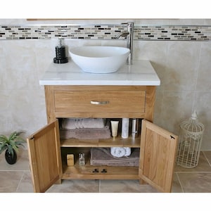 Bathroom Vanity Unit | Solid Oak | With White Marble Top & Ceramic Basin Choice 502WMCBC