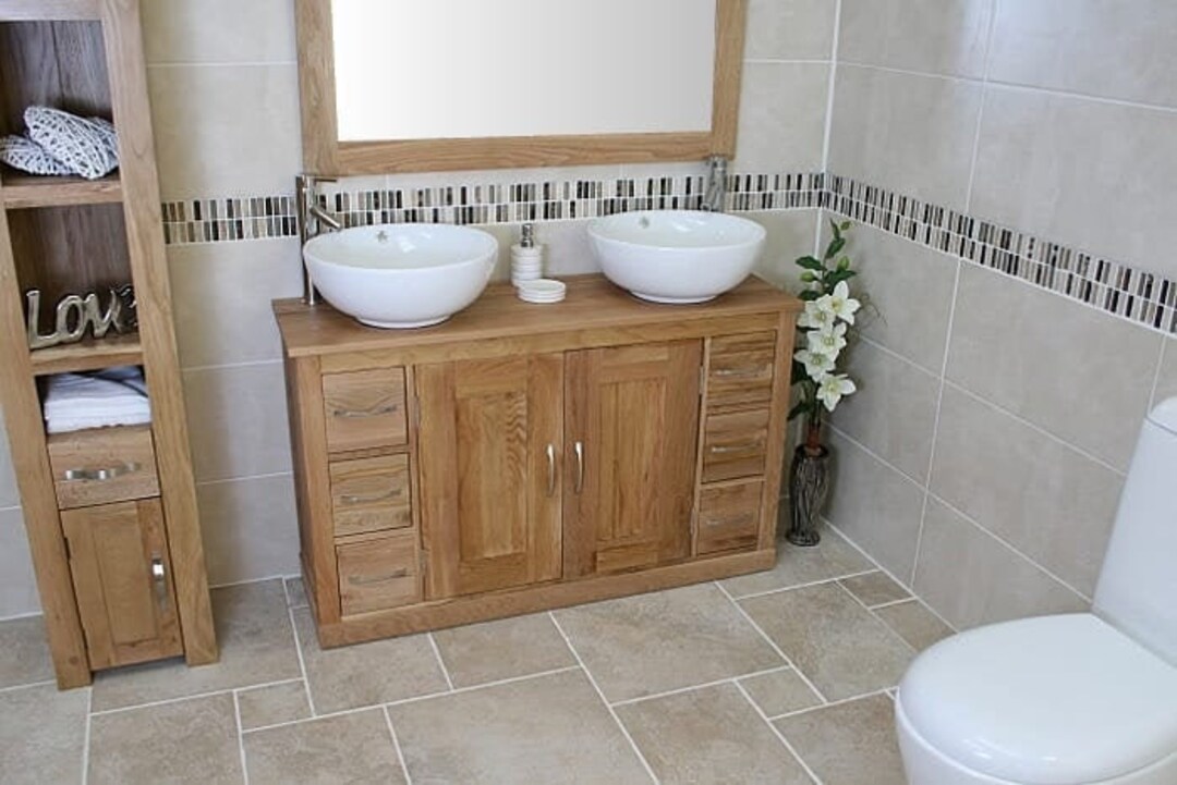 Bathroom Oak Vanity Unit | Double Oak and Sink Cabinet | Ceramic Wash ...