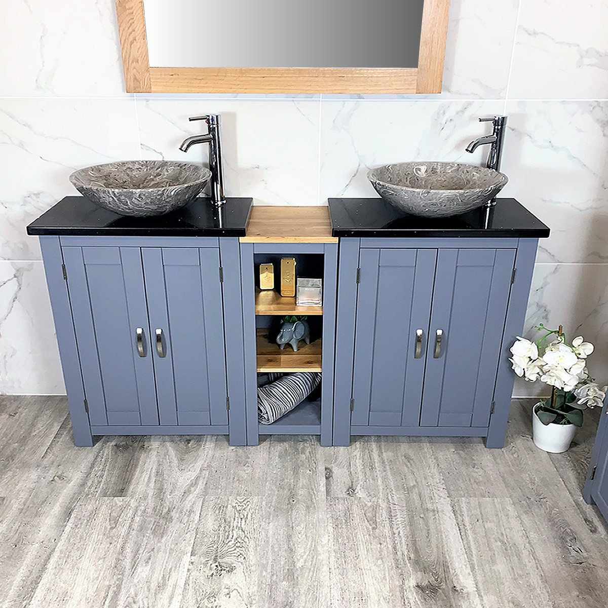 Bathroom Vanity Unit | Sink Washstand Slimline Grey Painted With Black Quartz Worktop And Sit On Basins | Taps And Plugs Included