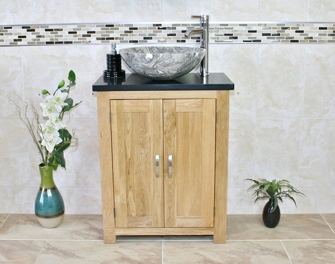 Solid Oak Bathroom Vanity Unit | Black Quartz Top Marble Basin Choice ...