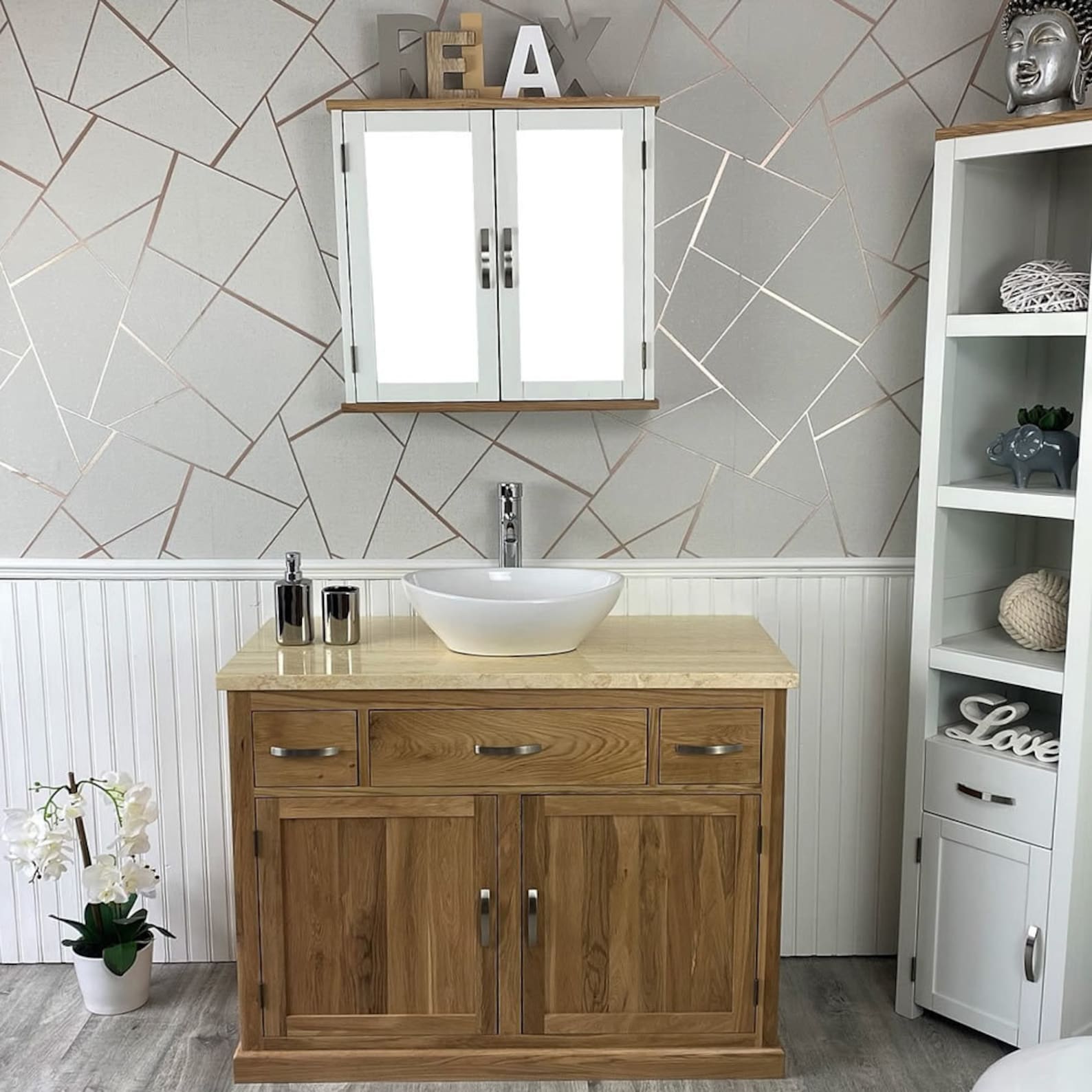 Bathroom Vanity Unit Solid Oak Cabinet Wash Stand Cream Marble | Etsy UK