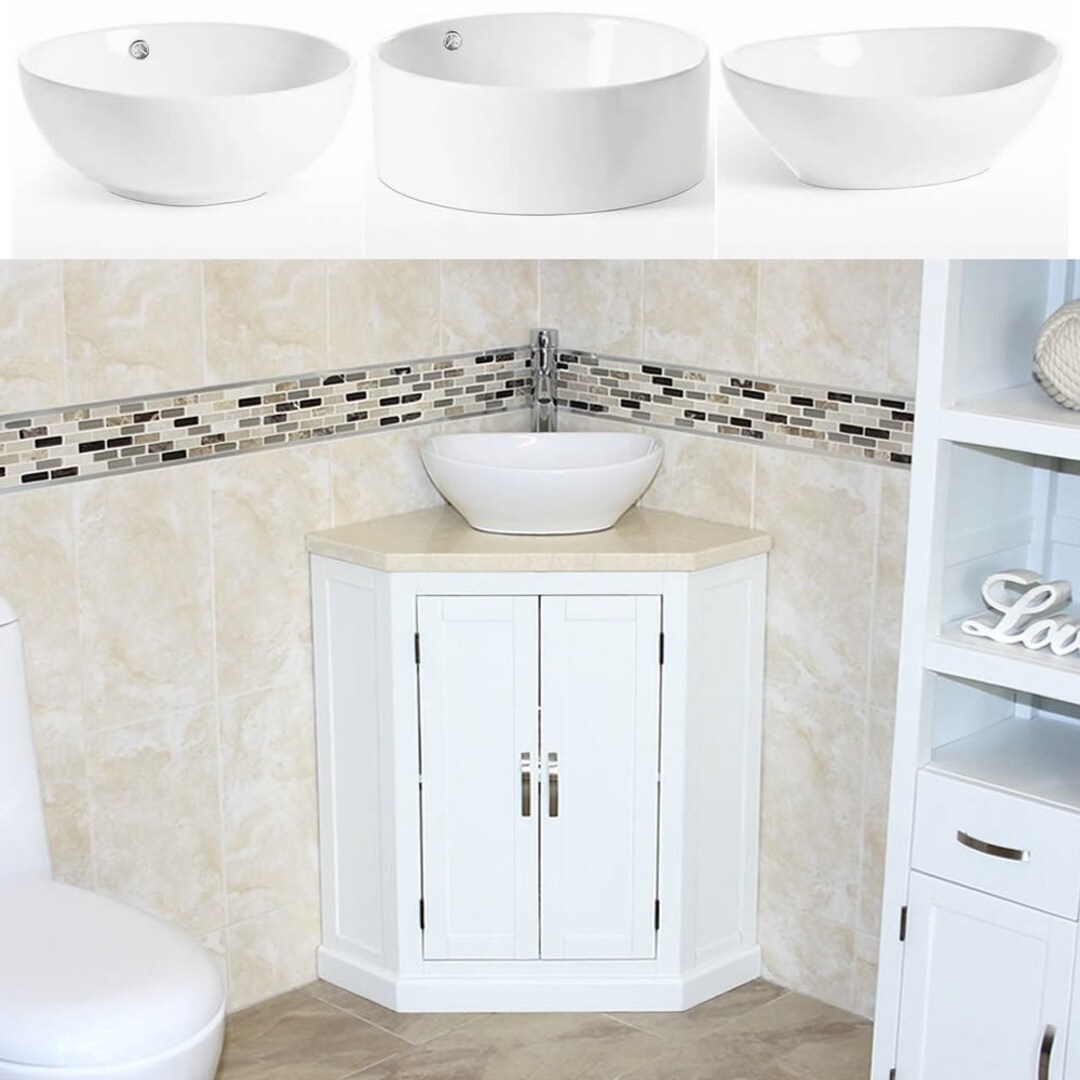 White Bathroom Vanity Unit Corner Wash Stand Marble & Ceramic Basin