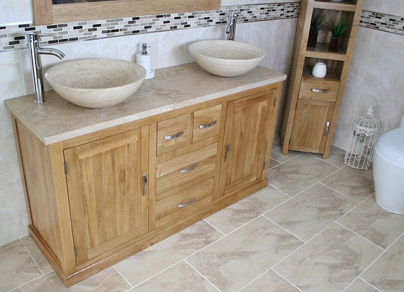 Oak Bathroom Vanity Cabinet Double Twin Sinks Bowl Basins