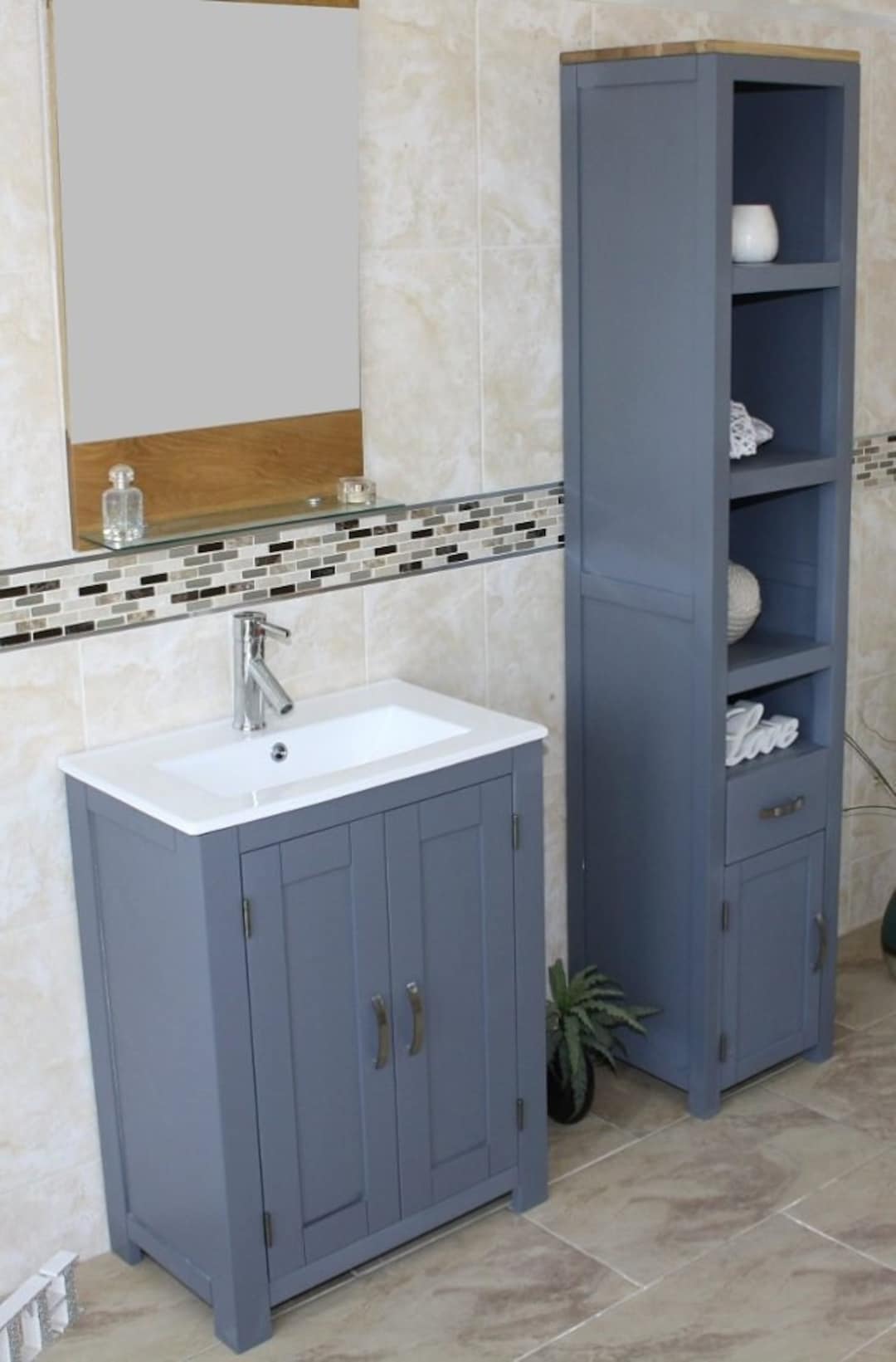 Bathroom Vanity Unit Solid Oak Top Painted Wood Base Ceramic Inset