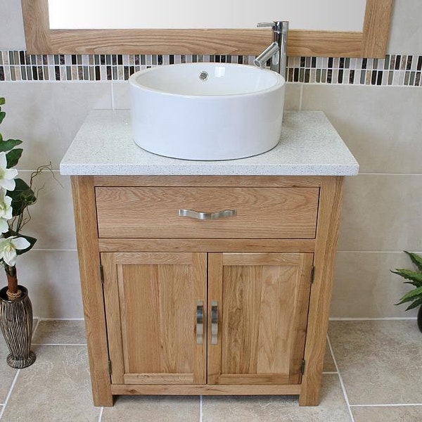 Bathroom Vanity Unit Oak Cabinet Wash Stand White Quartz & Ceramic Basin 502WQCBC