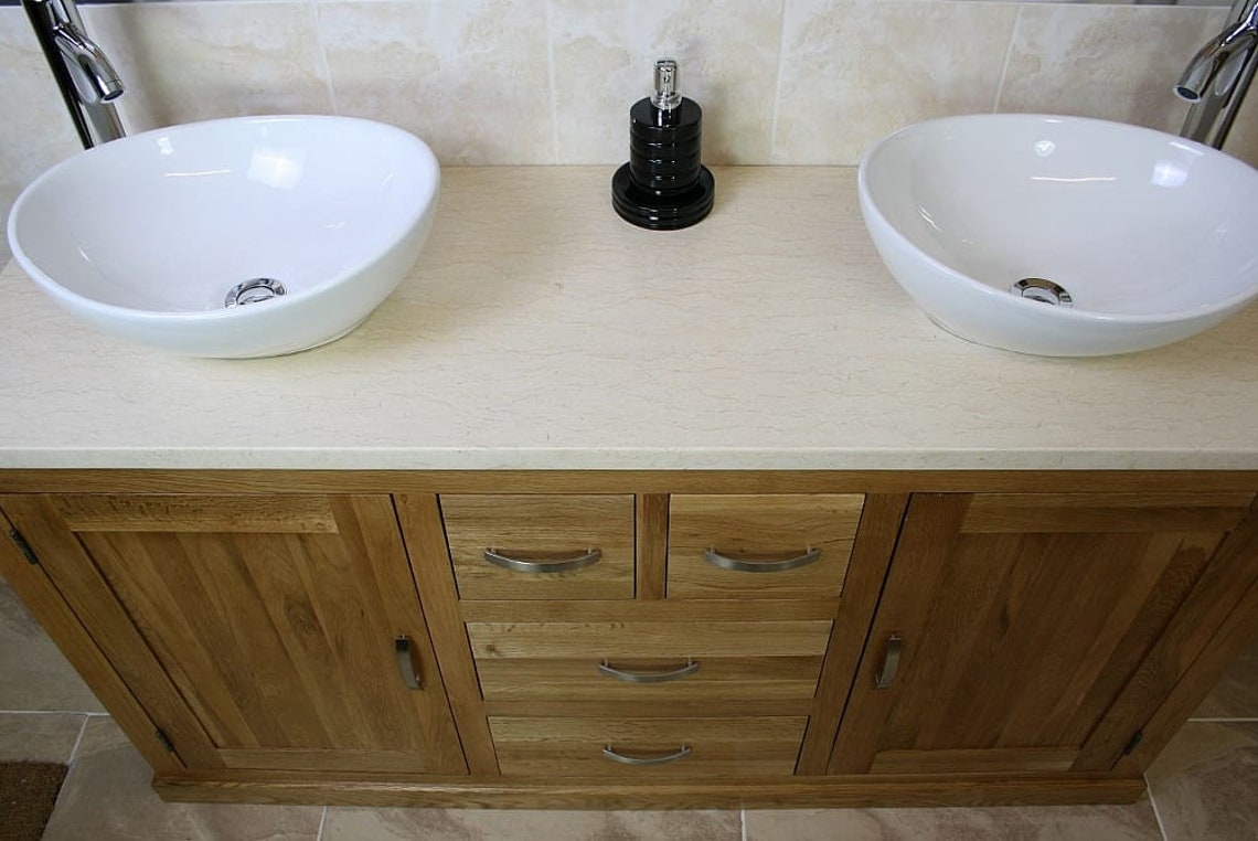 Solid Oak Bathroom Double Vanity Unit Cream Marble Etsy UK