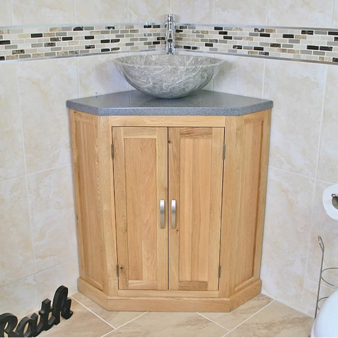 Bathroom Vanity Unit Free Standing Oak Corner Cabinet Grey Quartz ...