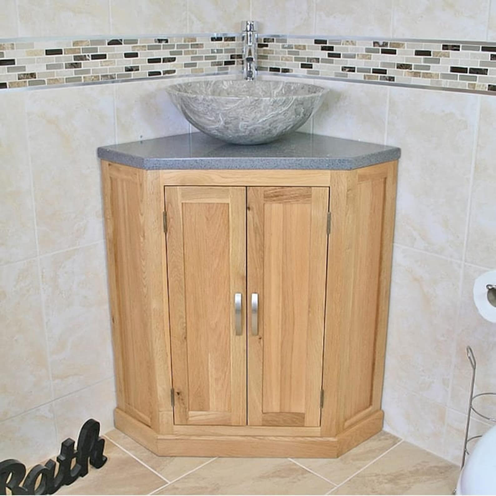 Bathroom Vanity Unit Free Standing Oak Corner Cabinet Grey Quartz ...