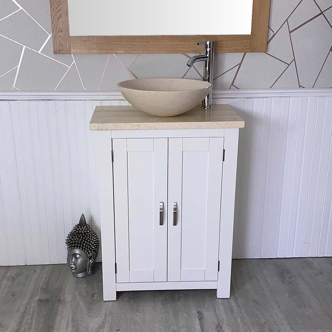 Painted White Bathroom Vanity Unit Cream Marble Top and Basin Unit