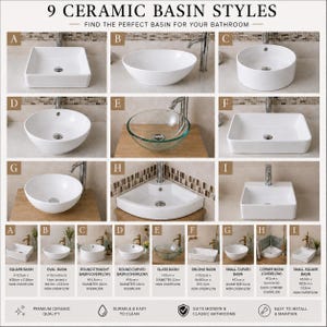 以下が含まれることがあります： 「9 CERAMIC BASIN STYLES」と題されたグリッド画像には、AからIまでラベル付けされた9種類の洗面ボウルが示されています。各セクションには蛇口付きのボウルがあり、セラミックやガラス素材の正方形、円形、楕円形、コーナー型が含まれています。