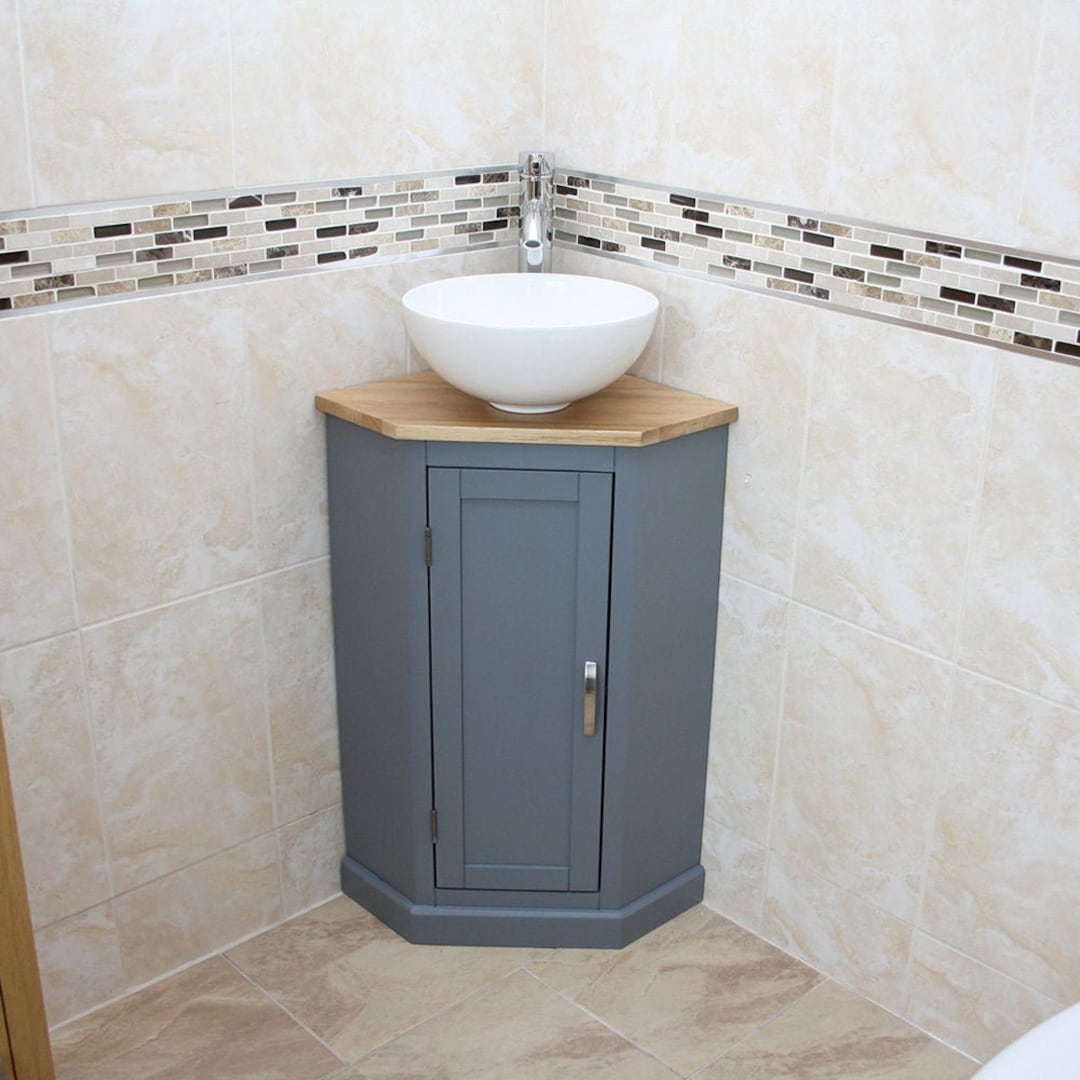 Bathroom Grey Painted Vanity Unit | Corner Sink Cabinet With Oak Top ...