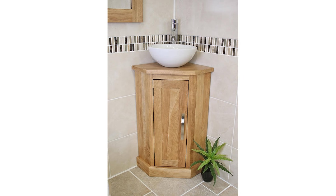 Bathroom Oak Vanity Unit | Corner Oak Sink Cabinet | Ceramic Wash Basin ...