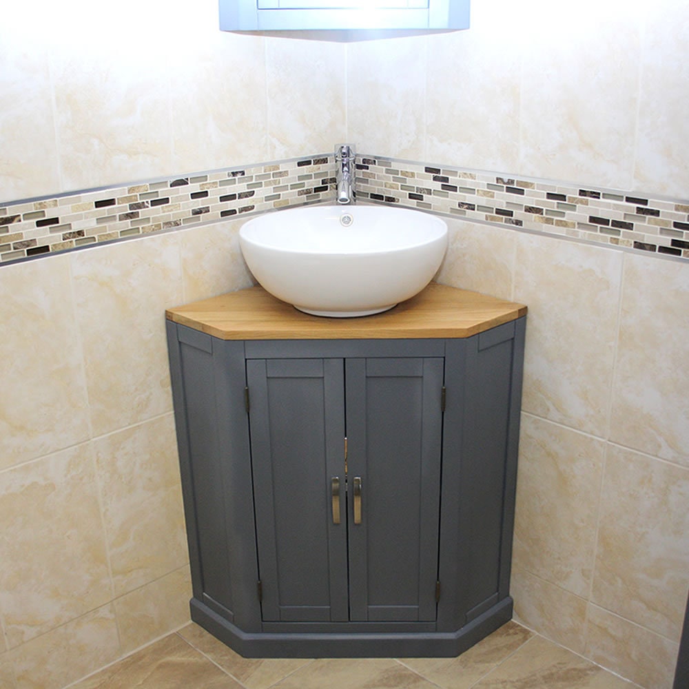 Bathroom Grey Painted Vanity Unit Corner Sink Cabinet With Oak Top