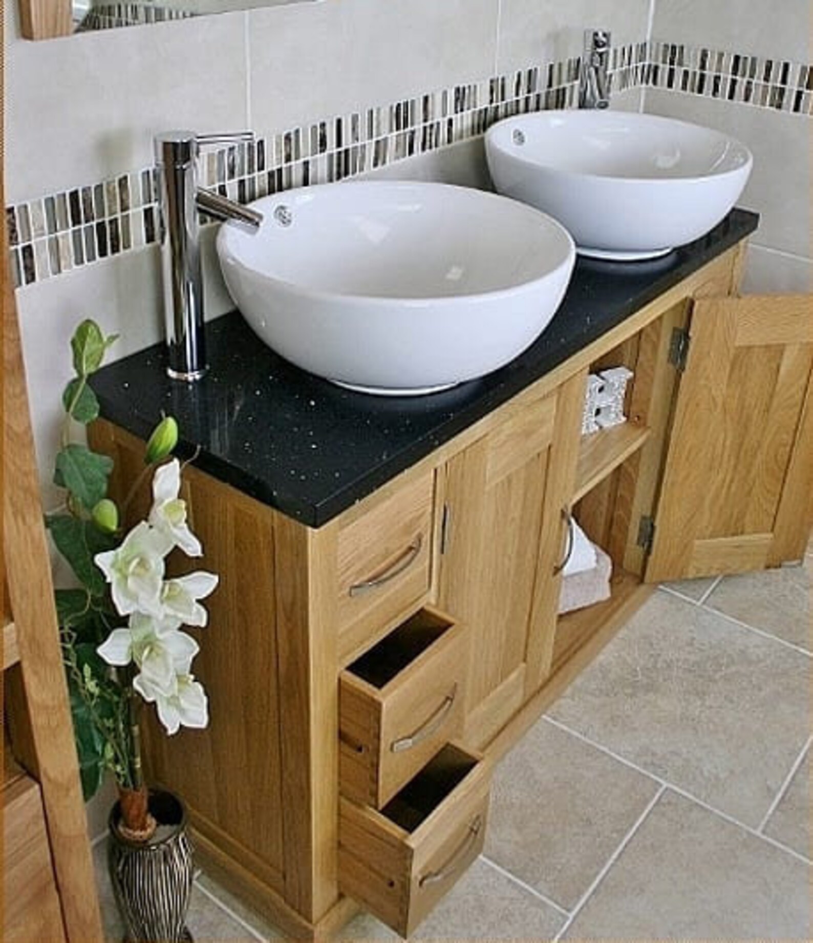 Solid Oak Bathroom Vanity Unit Cabinet Twin Ceramic Bowl Basin - Etsy