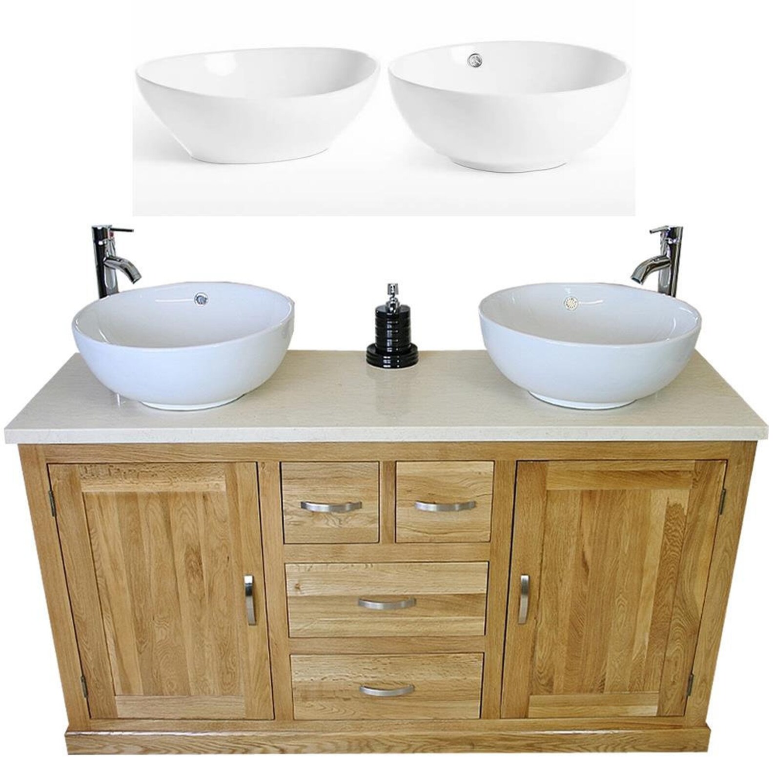 Solid Oak Bathroom Double Vanity Unit Cabinet Cream Marble Ceramic ...