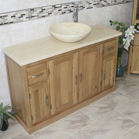 Oak Bathroom Single Vanity Unit 123cm Wide With Cream Marble Oak Bathroom Single Vanity Unit 123cm