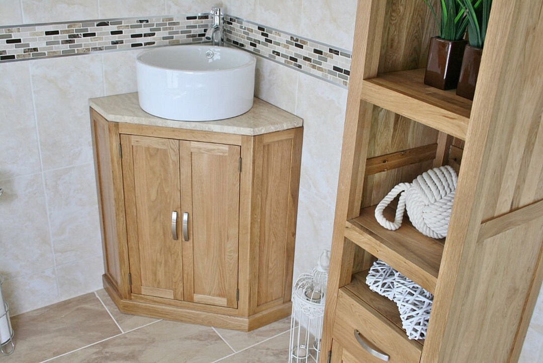 Bathroom Vanity Unit Oak Corner Wash Stand Travertine Top & Ceramic ...