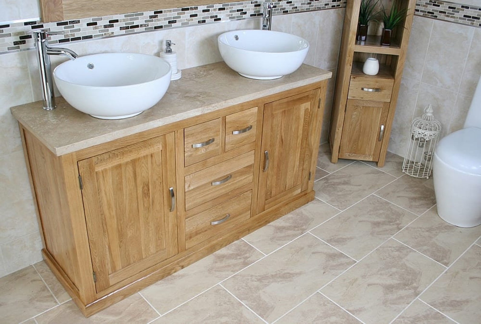 Solid Oak Bathroom Double Vanity Unit Travertine Etsy UK