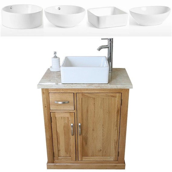 Bathroom Vanity Unit Free Standing Oak Cabinet Travertine Top