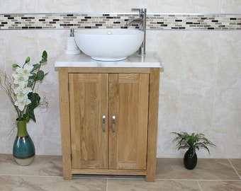 Bathroom Vanity Unit | Solid Oak | With White Marble Top & Ceramic Basin 310WMCBC