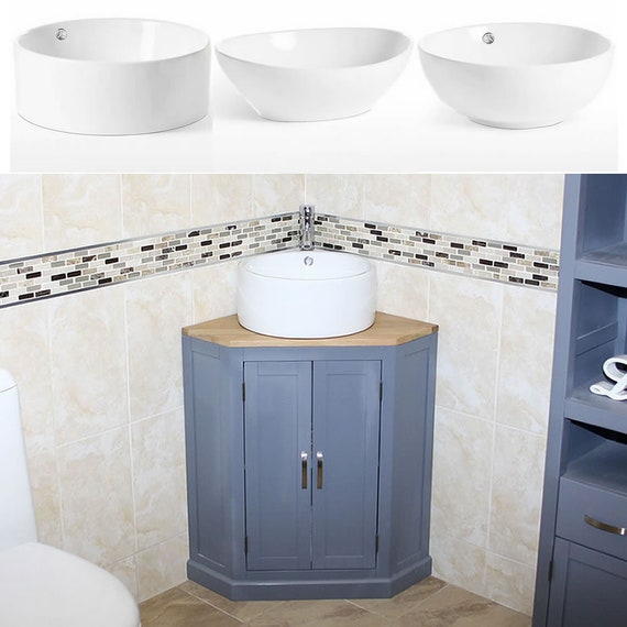 Bathroom Vanity Corner Unit | Oak Sink Cabinet | Ceramic Basin Tap & Plug  Option